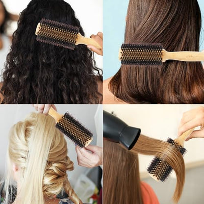 Vista Round Hair Brush with 10mm Boar Bristle 15mm Nylon Bristle Hairbrushes for Women Bamboo Hair Brush Styling with Tail Comb for Blow Drying, Shiny, Smooth, Long, Curly Hair - color: Large Bamboo