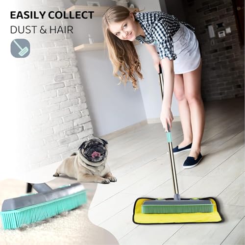 Pet Carpet Hair Rubber Broom with 49inch Long Handle, Portable Detailing Lint Remover, Soft Push Broom for Fluff Carpet, Hardwood, Tile, Window - color: Green