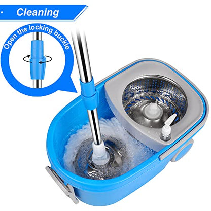 Spin Mop & Bucket, 360 Spinning Mop Bucket Kit, Stainless Steel Bucket Wringer Set, Plus 3 Replacement Head Refills, 360 Spinning Mopping System, 61" Extended Handle for Floor Cleaning (Blue) - color: Blue-2