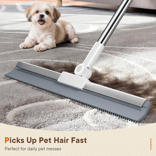 Floor Squeegee Broom with Rubber Scrubbing Teeth, 2-in-1 Magic Broom with 58 Inch Telescopic Handle, Wide Shower Floor Squeegee for Bathroom, Garage, Kitchen, Tile, Concrete, Pet Hair and Water