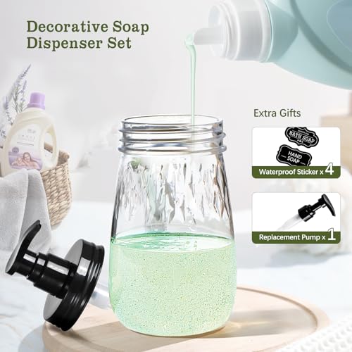 Amolliar Plastic Soap Dispenser with Pump Lid, 16 Oz Refillable Bathroom Hand Dish Soap Dispenser Set, Clear Kitchen Liquid Dispenser with Cute Lables for Farmhouse Shower (1 Pack, Black) - color: Clear Bottle + Black Pump