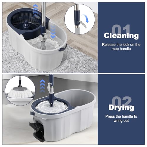 Spin Mop and Bucket System with180-Degree Rotating Head Telescopic Handle Dual Chamber Bucket Floor Cleaning Set with 3 Mop Refills Dual-Function Wringing Hand-Press and Foot-Pedal - color: White and Navy Blue