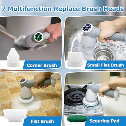 DAESUNG Electric Spin Scrubber, New Electric Bathroom Brush with 7 Replaceable Heads, Power Scrubber with LED Display, Electric Scrubbers for Cleaning Shower, Tile, Grout, Sink - color: A-white