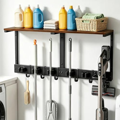 Novabright Heavy Duty Broom Holder Wall Mount with Cleaning Supplies Organizer, 27 Inch Laundry Room Shelf Broom and Mop Organizer Wall Hanging with Mop Hanger, Vacuum Grip Hooks, for Home Garage