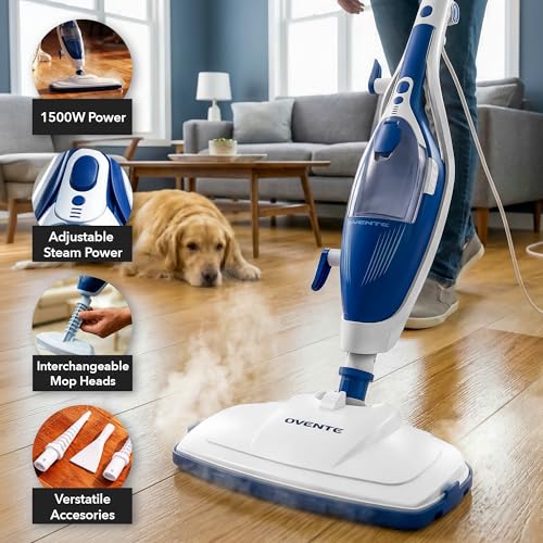 OVENTE 10-in-1 Steam Mop with Detachable Handheld Steamer, Foldable Handle and 400ml Removable Water Tank, MultiPurpose Home Cleaner for Tile Grout, Hardwood Floors, Carpet and Furniture, Blue ST505BL