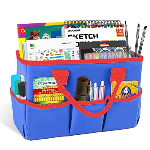 Desktop Tote and Organizer, Teacher Helper Bag for Arts, Books, Stationery, Office Desk, Make-up Storage with Handles for Travel (Blue) - color: Blue