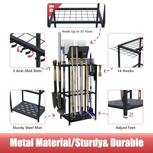 Faesun Garden Tool Organizer, 3-Tier Metal Yard Tool Rack with 14 Hooks & 5 Slots, Holds 50+ Rakes/Shovels/Brooms, Heavy Duty Freestanding Lawn Tool Storage for Garage Shed Outdoor Organization - size: Stand