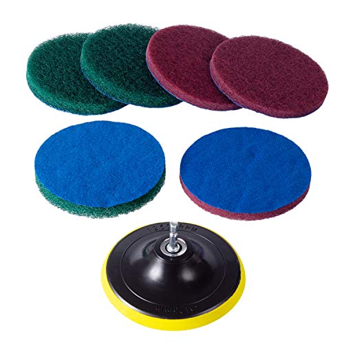 Kichwit 5 Inch Drill Powered Brush Tile Scrubber Scouring Pads, 2 Different Stiffness, 5-Inch Pad Holder with 6 Scrubbing Pads, Cleans Large Flat Areas Perfectly (Drill NOT Included) - size: 5 Inch