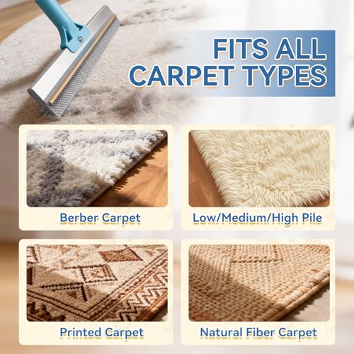 BFNN Carpet Rake for Pet Hair Removal | Reusable Dual-Action Carpet Broom Tool with Metal Scraper & Silicone Brush | 54" Adjustable Handle | 3Pcs Cat & Dog Fur Cleaning Kit for Rugs, Couch & Furniture