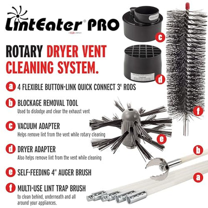 Dryer Vent Duct Cleaning Kit - Gardus RLE208 LintEater Pro Rotary Dryer Vent Cleaner Kit, Removes Lint, Extends Up to 12’, Dryer Duct Cleaning Kit, Forward & Reverse Cleaning, Air Duct Cleaning Tools - style: 12' Button-Link Kit
