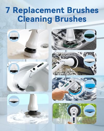 Electric Spin Scrubber, Hillyfe Bathroom Scrubber Electric with 7 Replaceable Brush Heads, IPX7 Waterproof,300/400 RPM, 3 Adjustable Length,Scrubber Brush Electric for Bathtub Floor,White - color: White
