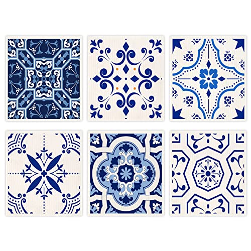 Swedish Dish Clothes Pack of 6, Reusable, Absorbent Hand Towels for Kitchen, Bathroom and Cleaning Counters - Blue Cellulose Sponge Cloth - color: Blue