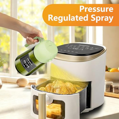 OURCABECUE 2 in 1 Olive Oil Sprayer for Cooking, 16oz/470ml Olive Oil Dispenser Bottle for Kitchen, Light-Blocking Dark Glass Oil Bottle, Food-Grade Oil Mister with 8 Oil Stickers (Green Bottle-Cap) - color: Green Bottle-Green Cap