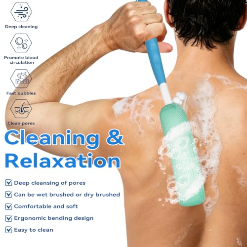 Back Scrubber for Shower，Mesh Sponge Body Shower Brush with Long Handle for Use in Shower Back Scrubber,Back Scrub for Exfoliating Body Scrubber or Shower Brush (Blue and Blue) - size: Blue+Blue Handle (YS0125)