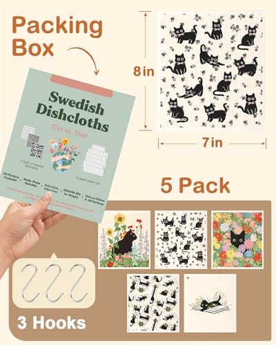 Miss Adola Swedish Dishcloths for Kitchen with Hooks - Reusable Dish Cloths for Washing Dishes Fast Drying Cute Fun 5 Pack Swedish Dish Towels Washable Cleaning Sponge, Black Cats - color: Black Cats