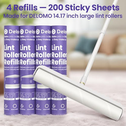 DELOMO 14.17" Large Lint Roller Refills (4 Packs 200 Sheets) – Compatible Only with DELOMO 14.17 in Giant Lint Roller – Extra Sticky Floor Lint Roller Refill for Carpets, Bedding, Couches, Pet Hair - size: E: 4 Refills - 200 Sheets (Wide: 14.17 in)