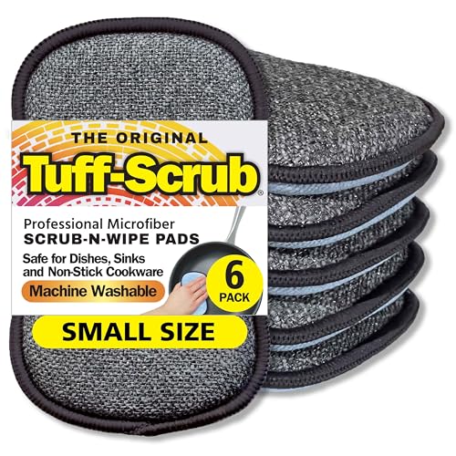 Original Scrub-N-Wipe Pad by Tuff-Scrub, 6-Pack, Microfiber, Multi-Surface, Non-Scratch, Dual-Sided, Scrubber for Dishes, Sinks, Non-Stick Cookware – Machine Washable, Durable Kitchen Sponge (Small) - size: Small