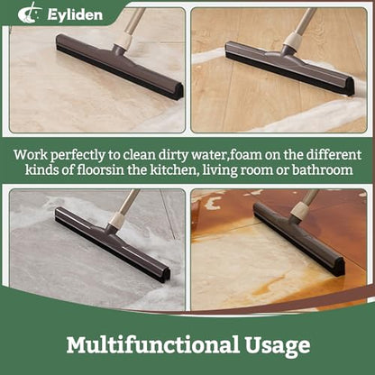 Eyliden Floor Squeegee for Water Removal, 17-inch EVA Dual-Layer Blade | Won’t Scratch Floors, Quick Water/Soap Removal in One Pass, for Kitchen, Bathroom, Tile, Hardwood, Telescoping Long Handle