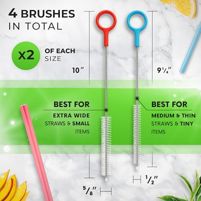 Buenalife Heavy Duty Cleaning Brushes Set of 4 - Extra Long Straw Cleaners for Metal and Plastic Reusable Drinking Straws, to Clean Small Spaces, Sippy Cups, Water Bottles - Sturdy Hard Brush Bristles