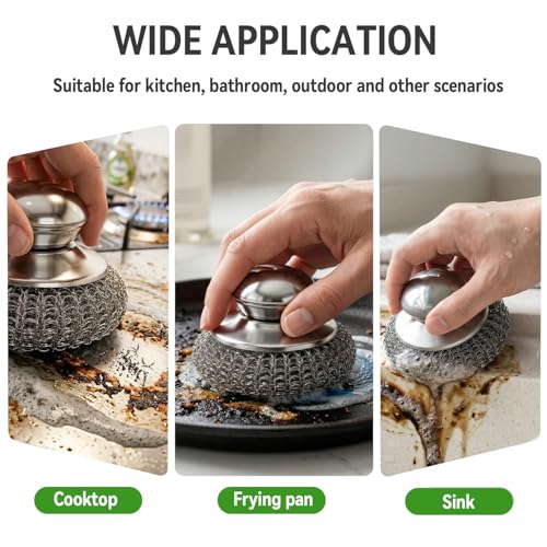 5 Pcs Steel Wool Scrubber with Handle: Stainless Steel Scrub Set for Cast Iron Scouring Stubborn Messes from Cast Iron, Pots, Pans, Grill, Stoves, Sink (1 Scrubber + 5 Pads)