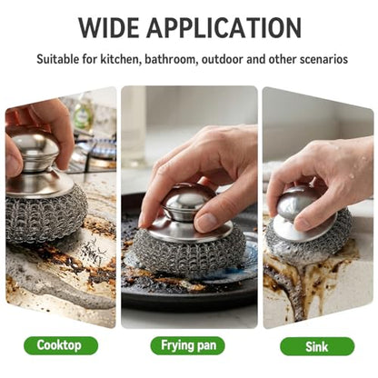 5 Pcs Steel Wool Scrubber with Handle: Stainless Steel Scrub Set for Cast Iron Scouring Stubborn Messes from Cast Iron, Pots, Pans, Grill, Stoves, Sink (1 Scrubber + 5 Pads)