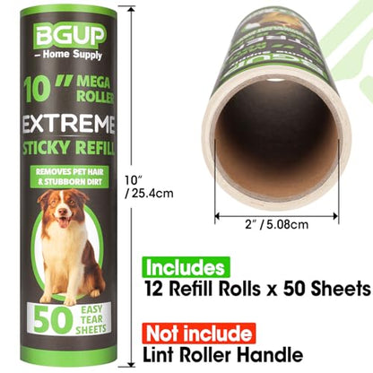 10 Inch Lint Roller Refills, 12 Rolls 600 Sheets Large Lint Rollers for Pet Hair Extra Sticky, Easily Remove Carpets, Clothes, Couch and Curtains Dust (Not Include Lint Roller Handle) - color: 12 Rolls 600 Sheets