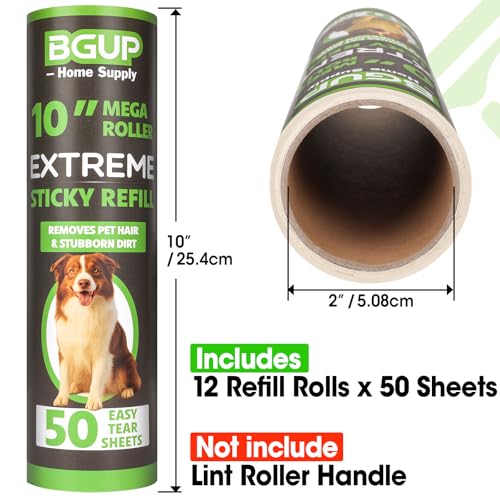 10 Inch Lint Roller Refills, 12 Rolls 600 Sheets Large Lint Rollers for Pet Hair Extra Sticky, Easily Remove Carpets, Clothes, Couch and Curtains Dust (Not Include Lint Roller Handle) - color: 12 Rolls 600 Sheets