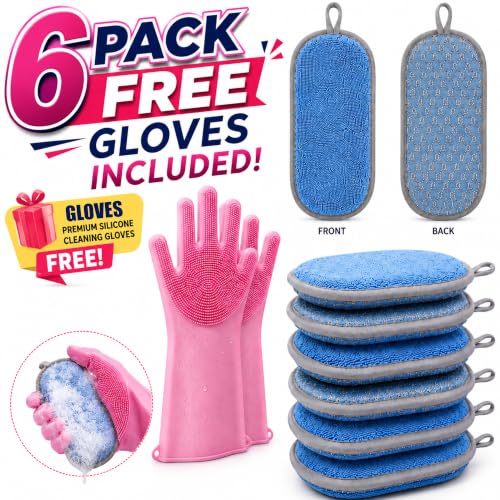 Clency Non-Scratch Kitchen Sponges, 6 Pack Dual-Sided Dish Sponges for Washing Dishes, Safe for Nonstick Cookware, Reusable Scrubber Cleaning Set with 2 Silicone Cleaning Gloves