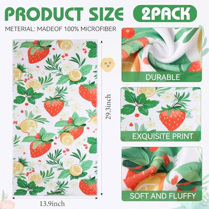 Decorative Kitchen Towels - Set of 2 Dish Towels for Kitchen 14 x 30 Inch Decoration Strawberry Hand Towels Soft & Ultra Absorbent, Reusable Quick Dry Microfiber Cloths for Baking Cooking Cleaning