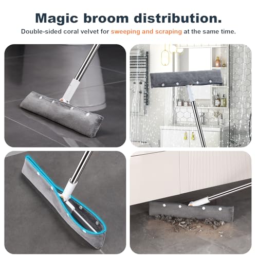 Rubber Squeegee Broom for Floor,Upgrade 62" Long Handle Window Squeegee, 2 Cleaning Cloths, Silicone Pet Hair Remover,Magic Squeegee Broom Removes Water Spots, Stains, Grease, and Glass Surfaces. - size: L-3 in 1