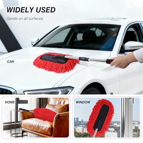 IPELY 3 Pack Large Red Microfiber Car Duster Exterior Scratch Free with Extendable, Car Duster Interior Multipurpose dust Cleaning