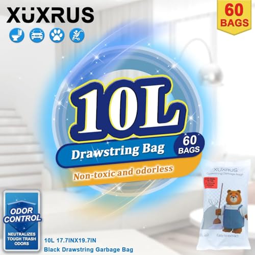 XUXRUS 2.6 Gallon Small Black Bathroom Trash Bags, 60 Count Folded Drawstring Small Garbage Bags, Tear-Resistant & Leak-Proof, Odor Control Liners for Bathroom, Office – Heavy Duty Trash Bags - style: 2.6 GAL-Black-60Counts