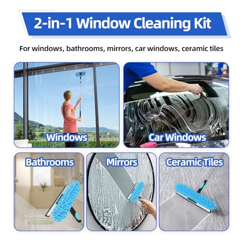65'' Window Washing Kit with Extension Pole, 2-in-1 Window Cleaning Kit with Scrubber and Rotating Head, Window Cleaner Tool for Shower Rooms, Glass, Floors, Tiles, Walls, Car Windshields - size: 65''