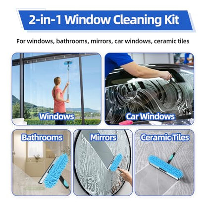 65'' Window Washing Kit with Extension Pole, 2-in-1 Window Cleaning Kit with Scrubber and Rotating Head, Window Cleaner Tool for Shower Rooms, Glass, Floors, Tiles, Walls, Car Windshields - size: 65''