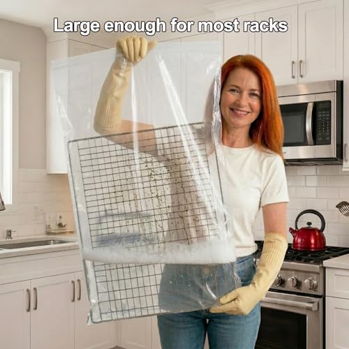 12 Pack Oven Rack Cleaning Bags, Large Sizes (23.62*35.43 in/19.69*27.56 in), 6 Heavy Duty Reusable PE Bags for Deep Soaking BBQ Racks Grill Grates, with 3 Pairs of Long Rubber Gloves, 3 Brushes