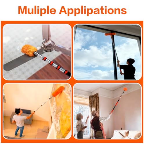 20FT High Reach Duster Cleaning Kit with 5-13 FTExtension Pole, High Ceiling Fan Cleaner Duster Tool for Fan Blades, Extendable Reusable Cobweb, Feather, Window Cleaning Squeegee Kit (12FT) - size: 12FT