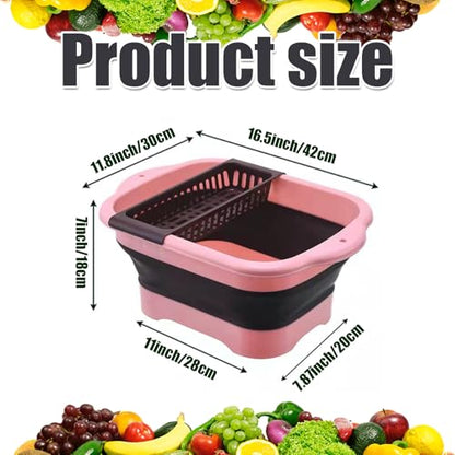 Collapsible Dish Basin with Portable Sink, 11L(2.91 Gallon) Collapsible Bucket with Drain Plug, Foldable Sink Tub Dishpan Wash Basin for Vegetable Washing Camping RV Kitchen (Pink) - color: Pink