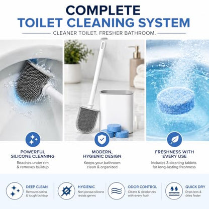 Silicone Toilet Brush and Holder Set with 3 Cleaning Tablets, Quick-Dry Base, Flexible Non-Scratch Bristles, Odor-Free Bathroom Toilet Bowl Cleaner Brush, Compact Space-Saving Design