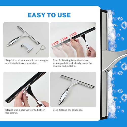 All-Purpose Stainless Steel Squeegee, 10 Inch Silver Shower Squeegee with 1 Adhesive Hooks, Streak-Free Silicone Blade for Shower Door, Window, Car, Tile Wall, Bathroom Household Cleaning Tool