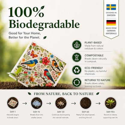 10 PCS Birds Print Swedish Dishcloths for Kitchen 100% Biodegradable, Reusable Cellulose Sponge Cloths Ultra Absorbent, Eco Friendly Cleaning Towels Dishcloths for Washing Dishes & General Cleaning - color: 10 Pcs-birds Print