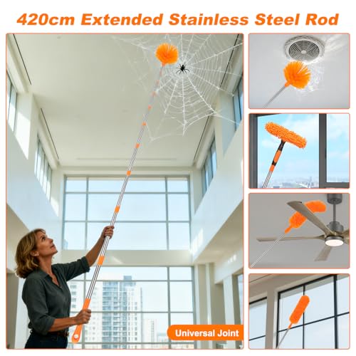 Cobweb Duster Kit and Window Squeegee Cleaner Tool with Extension Pole: 165 Inch 4-in-1 High Ceiling Dusting and Window Cleaning Kit - Cobweb Duster and Feather Duster
