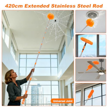 Cobweb Duster Kit and Window Squeegee Cleaner Tool with Extension Pole: 165 Inch 4-in-1 High Ceiling Dusting and Window Cleaning Kit - Cobweb Duster and Feather Duster