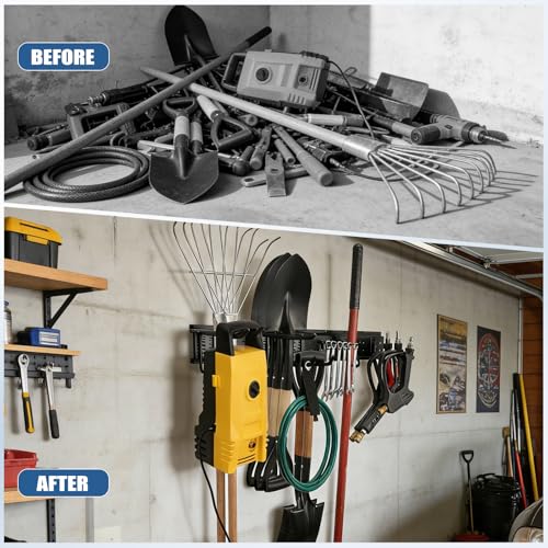 49.5'' Garage Tool Organizer Wall Mount Load 520Lbs with Heavy Duty 14Hooks | 520lbs Heavy Duty Garden Tool Organizer, Garage Wall Organizer for Garden Tool Yard Tool Shovel Rake Broom Ladder - size: 49.5''-17Pack