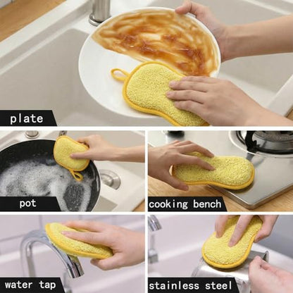 6Pcs Microfiber Cleaning Cloths & Sponges Set - 3Pcs Absorbent Towels + 3Pcs Dual-Sided Scrub Sponges - for Kitchen, Car, Bathroom, Dishes and Hard Surfaces(Yellow) - color: Yellow