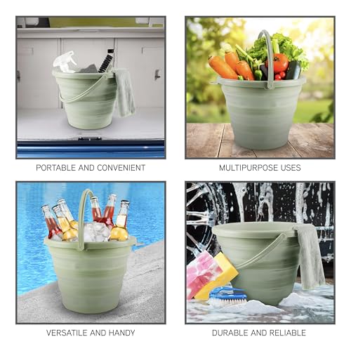 SIMPLEMADE Collapsible Bucket Cleaning Set - Includes 2 Foldable Buckets, Spray Bottle, Rag, Scrubbing Brush and Sponge - Holds Up to 10 liters, Easy Storage, All-Purpose Cleaning Solution - color: Sage