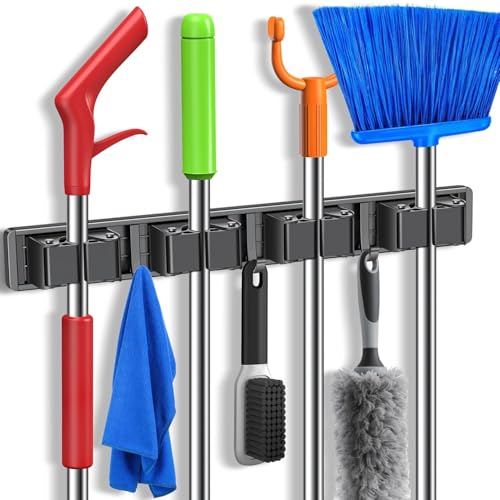 YIZE By YIZHE 15.7 Inch Adhesive Wall Mounted Mop and Broom Holder, 3 Clips & 4 Hooks, Space Aluminum Heavy Duty Garage Organizer for Long Handle Tools, Stick Vacuum, Shovel, Squeegee