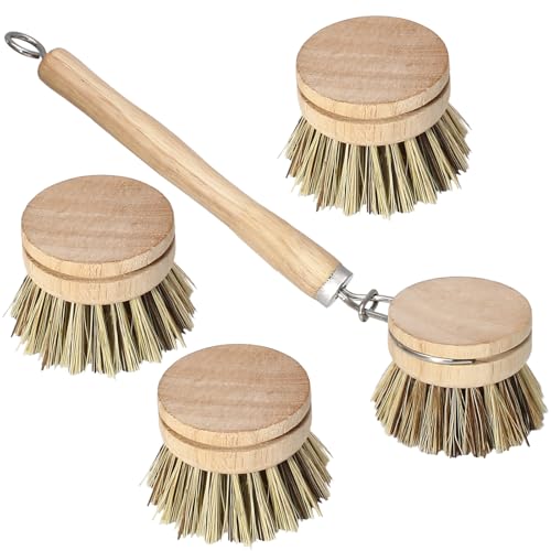 Wooden Dish Brush Set, 4 Natural Bristle Replacement Heads with 1 Sturdy Wooden Handle, Palm Kitchen Scrub Brush for Pots, Pans, Vegetables and Cookware - size: Hard