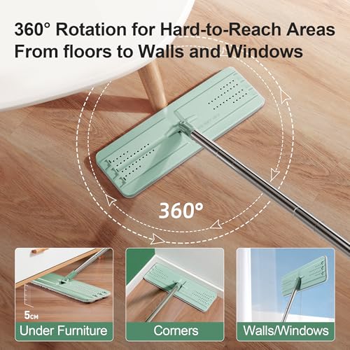 JOYMOOP Flat Mop System, Microfiber Mop and Bucket Set, Green, Commercial & Household Floor Cleaning Mop with Long Handle, Includes 3 Reusable 15" Pads - color: Green Max531