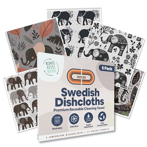 DECEE Swedish dishcloths (Dumbo) 5 Pack Reusable Paper Towels | Washable | Swedish Dish Towels | Non-Scratch Cellulose Sponge Cloths | No Odor, Biodegradable Cleaning Cloths - color: Dumbo
