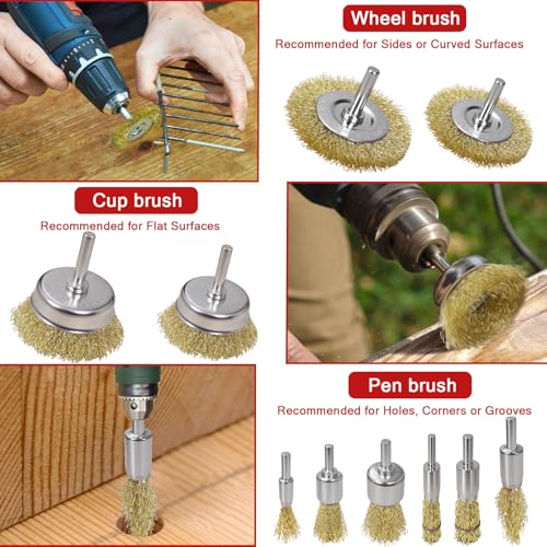 11 Pcs Wire Brush Drill Attachments-Wire Wheel for Drill Set Carbon Steel Cup & End Brushes with Soft Bristles for Metal Stripping,Rust & Paint Removal,Die Grinder Accessories,1/4" Shank